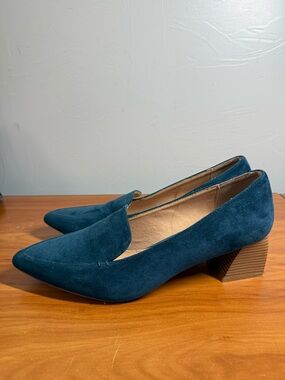 Bohme Suede Dark Teal Blue Pointed Toe Block Heel Pump Loafer Business Casual 10